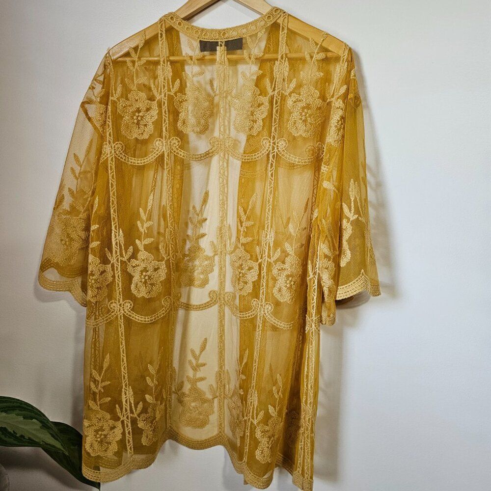 EUC LIKE NEW BLUE RAIN MUSTARD LACE EMBROIDERED BOHO KIMONO TOP SIZE M - Picture 6 of 13